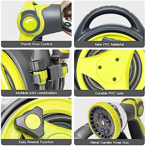 50ft Retractable Garden Hose Reel, Portable Hose Reel, 45+5FT with 10 Patterns Spray Nozzle, Adapts to standard US hose plugs, 50FT Hose Reel for Garden Watering Car Washing Pet -Green