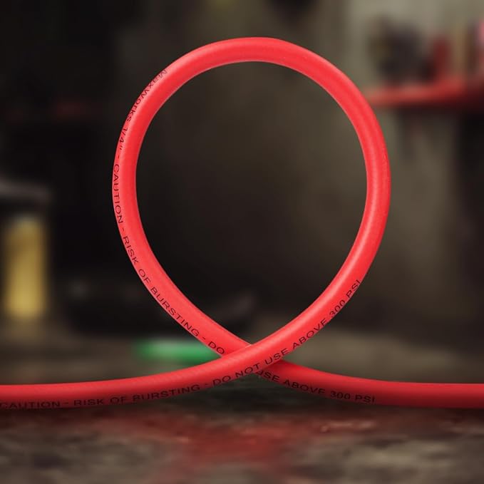 MaxWorks 80784 1/4" x 25ft Hybrid Polymer Air Hose – 300 PSI Maximum Working Pressure, All-Weather Flexibility, Lightweight, Non-Kinking, No-Memory Hose with Solid Brass Fittings