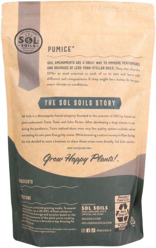 Sol Soils Horticultural Pumice - Lightweight, All-Natural Volcanic Rock Soil Amendment to Improve Drainage, Aeration & Maintain Moisture Balance – Filtered 3/8" to 1/4" - 2 Quarts