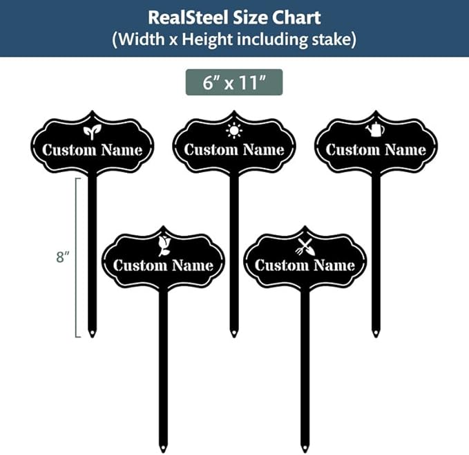 RealSteel Custom Seed & Plant Markers – Metal Garden Stakes for Herbs, Fruits & Vegetables | Elegant Steel Plant Labels for Pots, Raised Beds & Outdoor Gardens | Farmhouse & Greenhouse | Watering Can