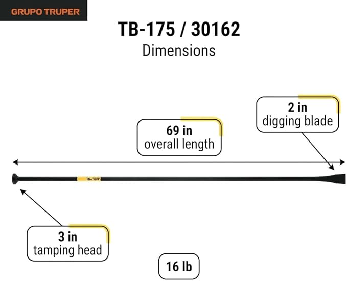 Truper Post Hole Digger & Tamping Bar, 69-Inch, 16-Pound Heavy-Duty Drop-Forged Steel Digging/Demolition Bar, Heat-Treated, Rust-Resistant Black Finish (Model 30162)