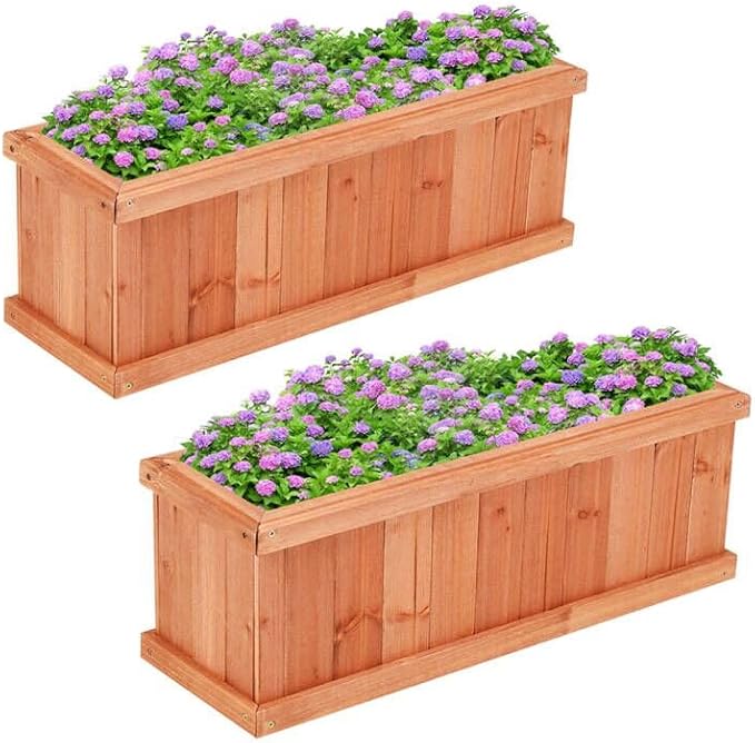 Giantex Raised Garden Bed Set of 2, Wooden Planter Window Mounted Plant Box for Flower Vegetable Herbs, Indoor & Outdoor Wood Planting Box for Yard Garden Patio Balcony, 28"x10"x10"