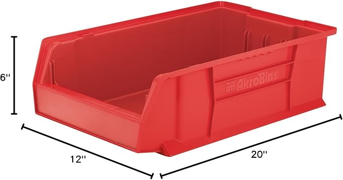Akro-Mils 30280 Super-Size AkroBins Plastic Storage Bins, Space-Saving Stackable Bins for Garage, Classroom, Warehouse Organization, 20" L x 12" W x 6" H, Red, 4-Pack