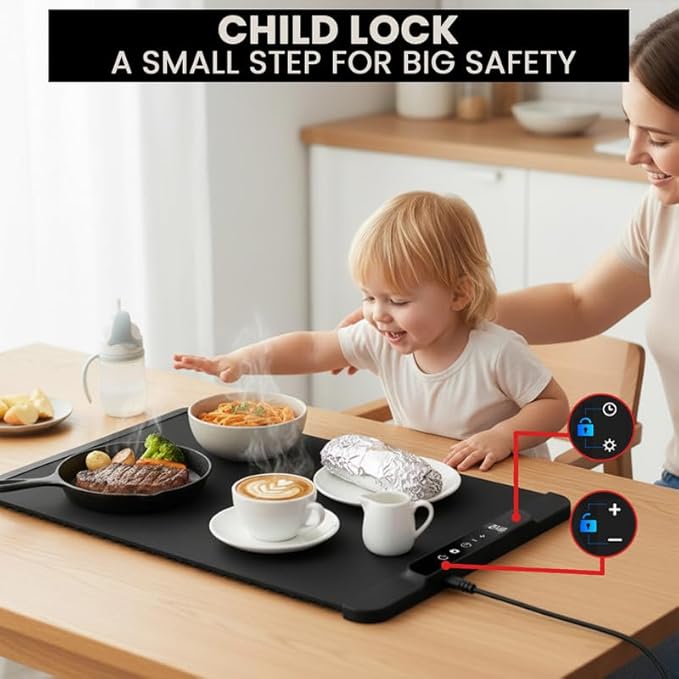 26"x15" Black Electric Food Warming Silicone Mat - 10 sec Fast & Even Heating Tray with upto 10 Hrs Timer, 50-100°C Adjustable Temp, Child Lock & Safety Edge - Portable Warmer Pad for Kitchen & Buffet