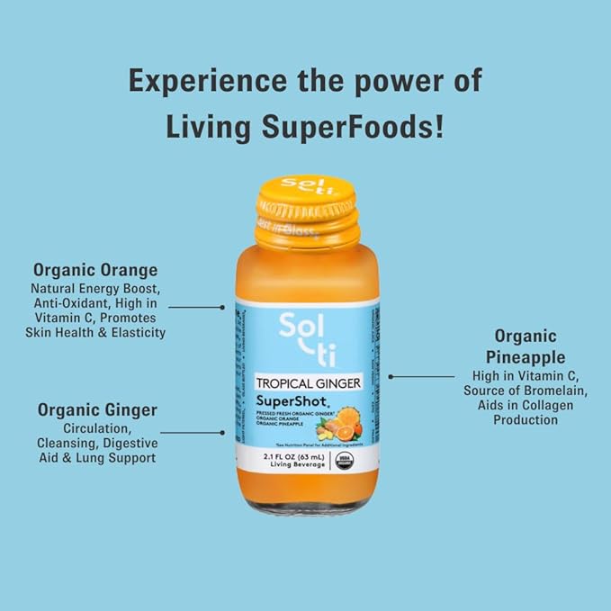 Sol-ti Organic Tropical Ginger SuperShot Drink, Aids in Collagen Production and Promotes Skin Elasticity, SuperFood, Cold-Pressed Fruit Juice Blend, 12 Pack (2.1 Fl oz)