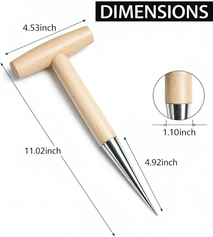 Seed Dibber Planter Tool, Bulb Hand Dibbler Gardening Tool with Depth Markings, 11'' Garden Wooden T-Handle Bulb Planting Tool with Metal Tip for Garlic, Tulips, Daffodils, Vegetable & Flower