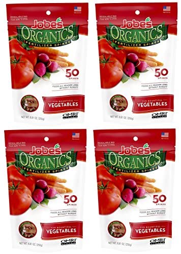 Jobe’s Organics Vegetable & Tomato Fertilizer Spikes, 2-7-4 Time Release Fertilizer for All Vegetables, Herbs and Tomato Plants, 50 Spikes per Package (4, 1 Pack)