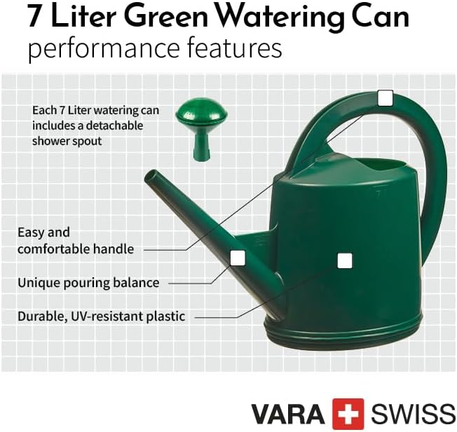 Consolidated Plastics Durable Swiss Watering Can with UV Protection, Ergonomic Handle for Indoor/Outdoor Gardening, Made in Switzerland (7 Liter, Green)