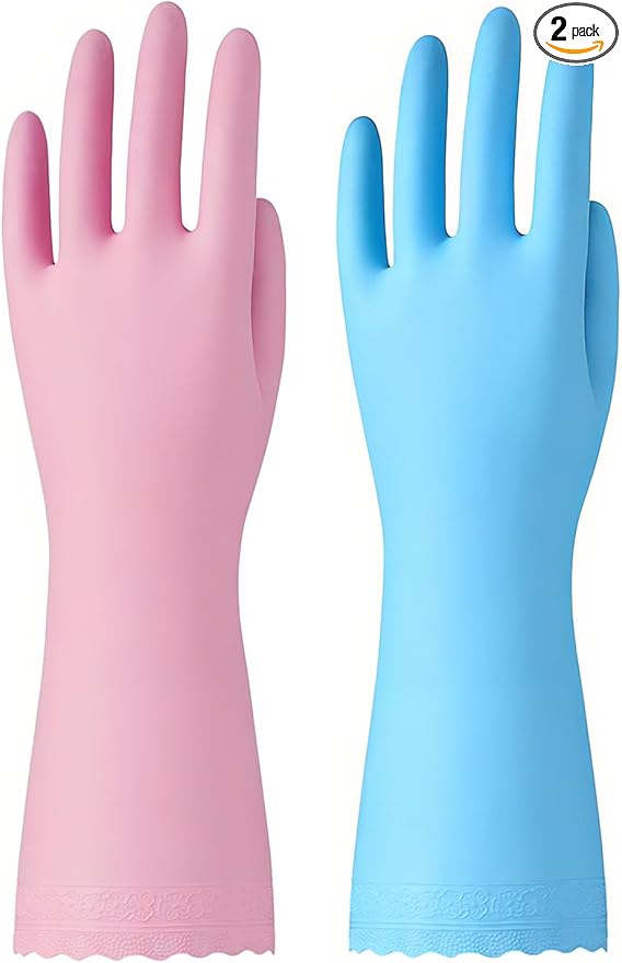 Bamllum Rubber Cleaning Gloves - 2 Pairs Latex Free Kitchen Cleaning Gloves with Cotton Liner- Household Dishwashing Gloves, Non- Slip Waterproof (Medium, Blue+Pink)