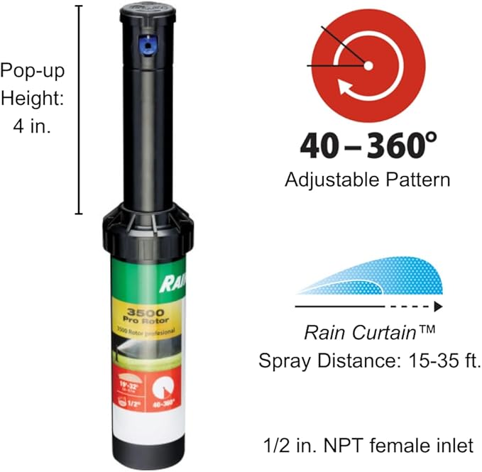 Rain Bird 3500 Pro Rotor with Rain Curtain Nozzle Set, 40° - 360° Pattern, 19' - 32' Spray Distance