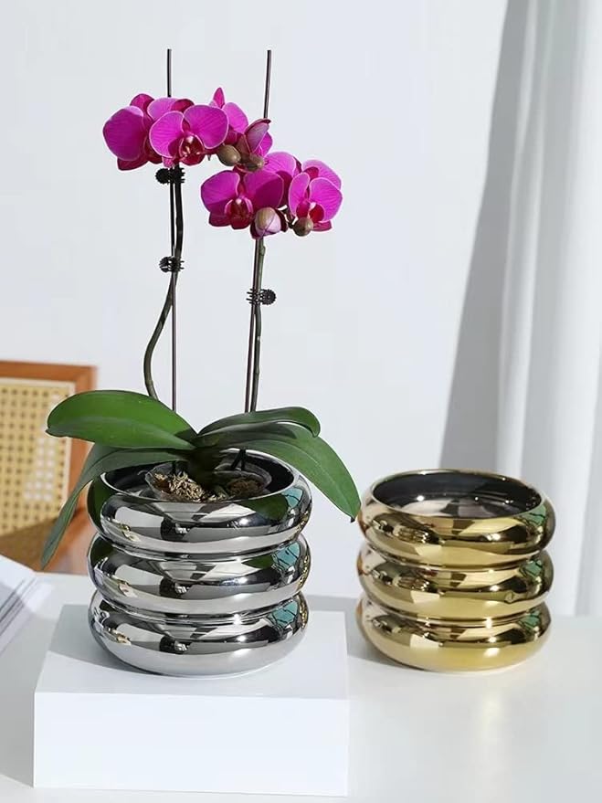 Ceramic Plant Pot Indoor, 4.5 Inch Flower Pot with Drainage Hole, Small Bubble Design Ceramic Planter for Home & Office Decor (Silver)