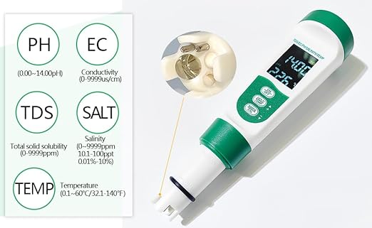Aquarium Salt Tester - Pool Test Strips, Digital PH Meter for Water, Aquarium Monitoring Tool, Pond Checker, Fish Tank Water Analyzer, 5-in-1 Salinity, PH, TDS, EC, and Temperature Meter