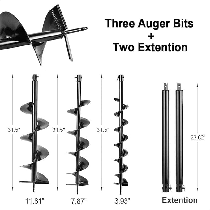 72cc 2200W Post Hole Digger Gas Powered Earth Auger Digger with 3 Drill Bit 4" & 8" & 12" and 2 Extension Rods 24" 24" for Fence Farmland Garden Plant