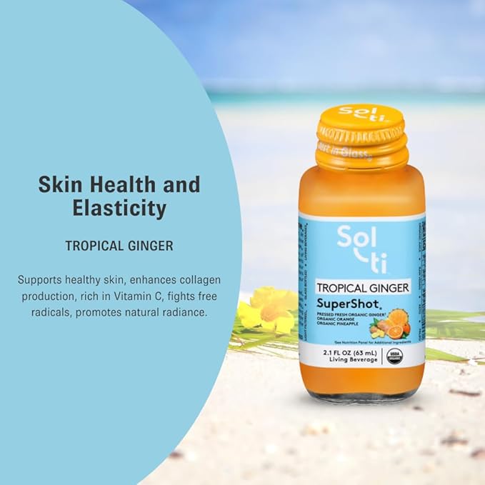 Sol-ti Organic Tropical Ginger SuperShot Drink, Aids in Collagen Production and Promotes Skin Elasticity, SuperFood, Cold-Pressed Fruit Juice Blend, 12 Pack (2.1 Fl oz)