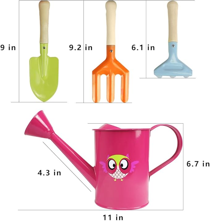 Kids Gardening Tools Kit Includes Sturdy Tote Bag, Watering Can, Gloves, Shovel, Rake, Fork - Children Garden Tool Set -Boy Girls Birthday Gifts (Pink)