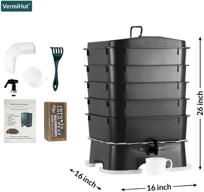 The Original VermiHut® Plus 5-Tray Worm Composter – Black | Indoor & Outdoor Vermicomposting Bin | Sustainable Design for Food Waste Recycling