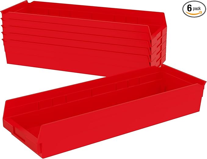 Akro-Mils 30184 Plastic Shelf Bins, Heavy Duty Storage Bins for Garage, Closet, and Drawer Organization, 24" x 8" x 4", Red, 6-Pack