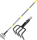 Garden Hand Tiller Cultivator, 4-Tine Adjustable Long Handle, Heavy Duty Weeding Tool for Raised Beds, Rust-Resistant Soil Loosener for Flower & Vegetable Gardens