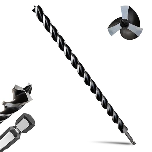 1-1/4"×24" Professional Auger Drill Bit for Wood with Quick Change 1/2" Hex Shank- 3-Cutter Design with Dual-Flute for Fast Chip Removal, Fits Hardwood, Softwood, PVC, Drywall & Tree Stumps