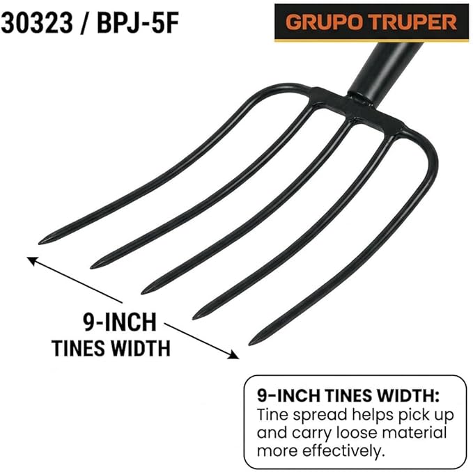 Truper TruPro Garden Manure Fork, 5 Tines, 50-Inch Fiberglass Handle with 9-Inch Grip, 9-Inch Tine Width - Pitchfork for Compost - Broadfork for Gardening (Model 30323)