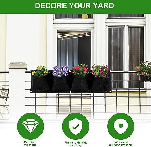 AYNEFY 4Pcs 4 Pocket Hanging Planter Bags, Wall Mounted Reusable Degradable Felt Garden Planter Plant Grow Bag Outdoor Indoor Gardening Vertical Greening Flower Container, Planting Bags (Black)