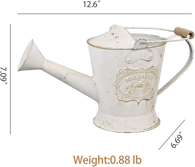 Vintage Metal Watering Can with Wooden Handle, Watering Can for Indoor/Outdoor Plants, Shabby Chic Decor for Home Balcony Courtyard Garden White