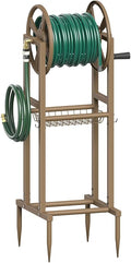 Freestanding Garden Hose Reel holds 125ft Hose of 5/8" with 4 Hooks, 4-Spike Outdoor Hose Holder with 3.9ft Leader Hose & Brass Fitting, Detachable Metal Hose Stand with Storage Rack, Brown