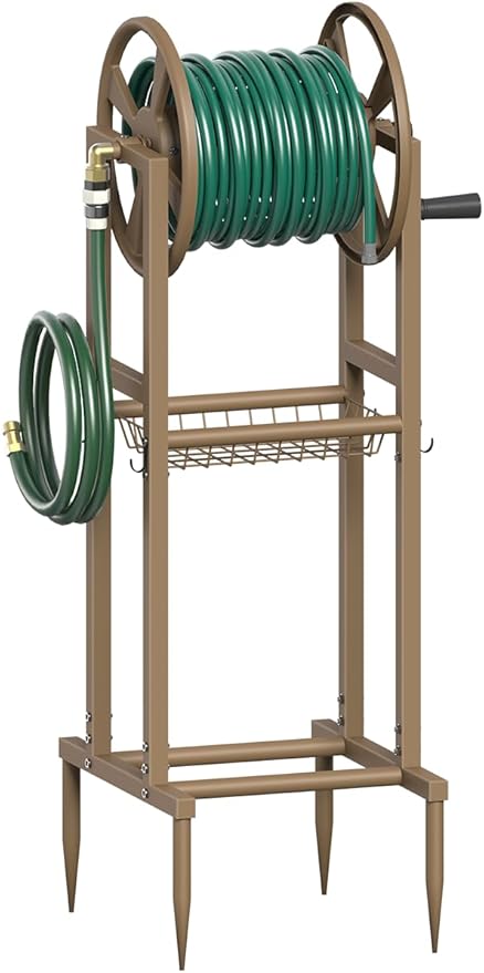 Freestanding Garden Hose Reel holds 125ft Hose of 5/8" with 4 Hooks, 4-Spike Outdoor Hose Holder with 3.9ft Leader Hose & Brass Fitting, Detachable Metal Hose Stand with Storage Rack, Brown