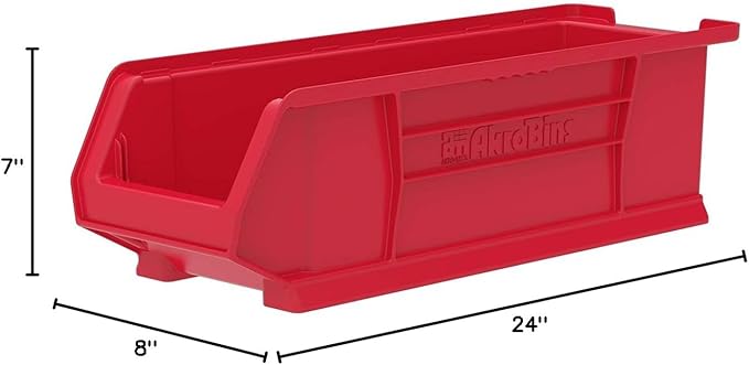 Akro-Mils 30284 Super-Size AkroBins Plastic Storage Bins, Space-Saving Stackable Bins for Garage, Classroom, Warehouse Organization, 24" L x 8" W x 7" H, Red, 4-Pack