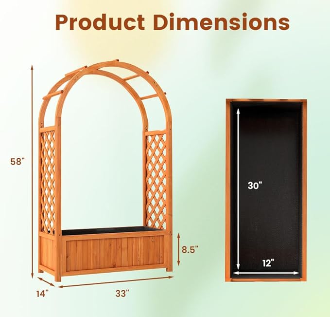 Giantex Set of 2 Raised Garden Bed with Arch Trellis, for Climbing Vine Flower Vegetable, Wood Planter Box with Liner & Drainage Design, Outdoor Plant Container for Yard Balcony (33"x14"x58")