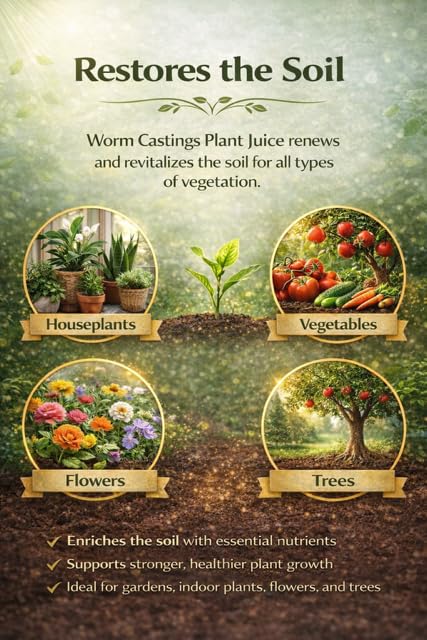 Worm Castings Tea Plant Juice - 8oz. Concentrated Worm Tea with Kelp and Feather Meals. Indoor and Outdoor Soil Restorer and Plant Fertilizer for All Vegetation with Soil. (8oz)