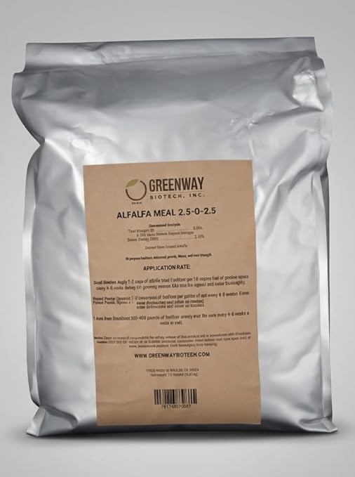 Greenway Biotech, Inc. Organic Alfalfa Meal Fertilizer 2.5-0-2.5 | Rose & Vegetable Plant Food with Triacontanol Growth Stimulant | Non-GMO, Phosphorus-Free | 2 X 15 Pounds