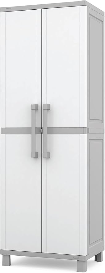 Keter Storage Cabinet with Doors and Shelves for Laundry Room, Garage, Bathroom Accessories, Closet and Home Organization, White & Grey