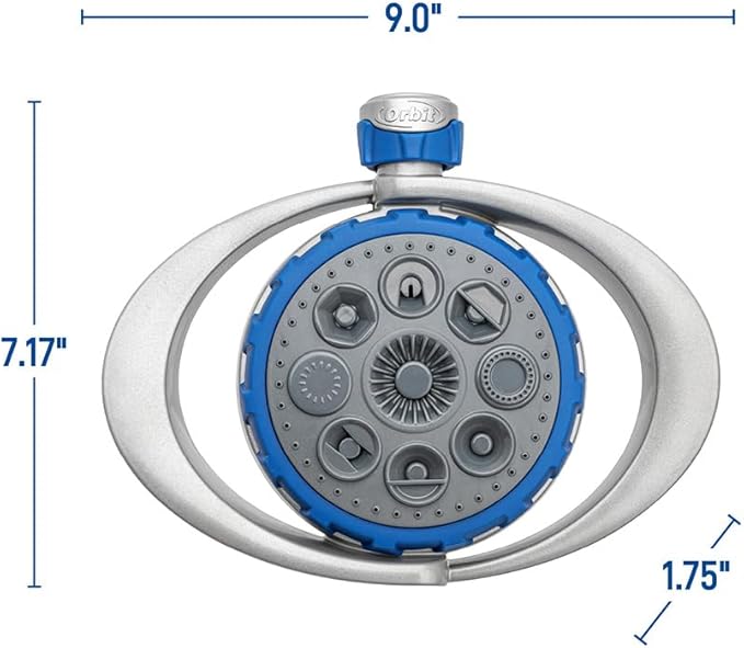Orbit Metal 8-Pattern Turret Sprinkler – Adjustable Spray, Weighted Base, Covers Up to 35 ft (28252)