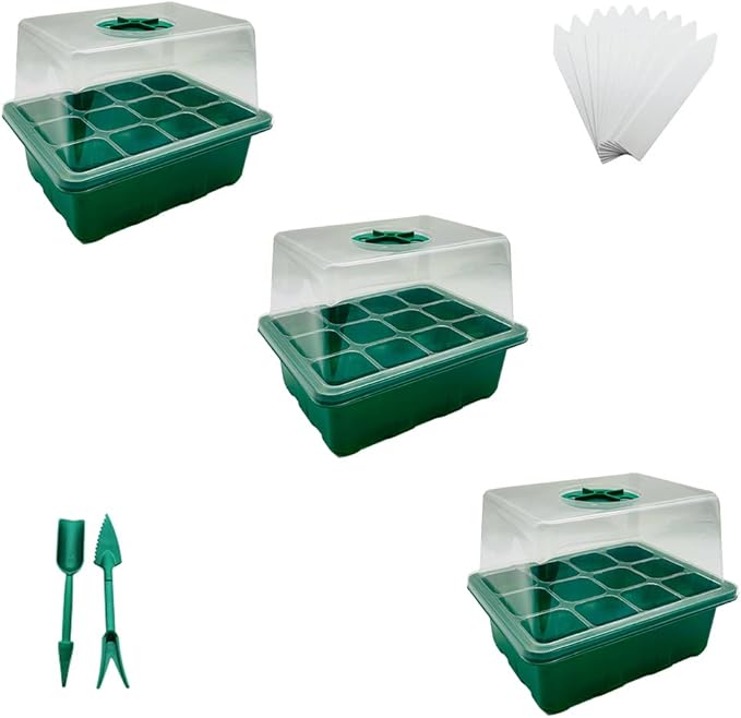 Seed Starter Tray Kit, 3-Pack Plant Growing Trays with Humidity Dome and Base, Labels and Hand Tool Kit for Seed Starting, Germination and Seedling Propagation (12 Cells per Tray)