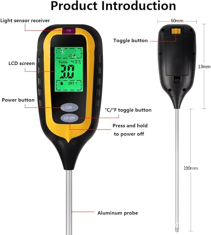 Soil Tester 6-in-1 Digital Soil Moisture Meter Measures Soil Ph, Humidity, Temperature, Light Intensity, Soil Efficiency and Air Humidity with LCD Display, Ideal for Gardening