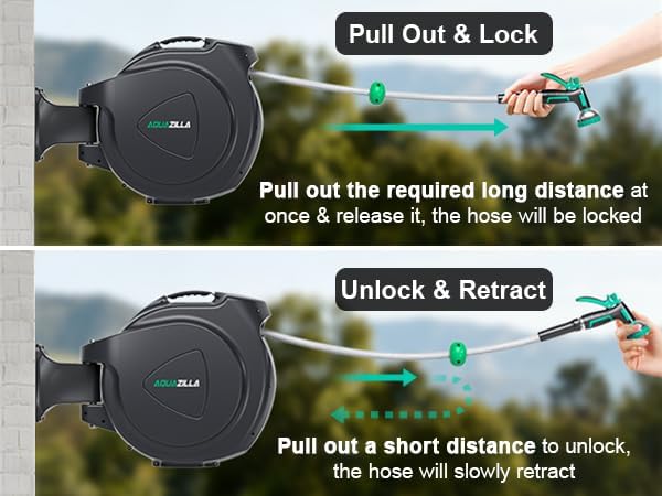 Retractable Garden Hose Reel, 100Ft x 1/2" Durable Wall Mounted Water Hose Reel with 180¡ãSwivel Bracket, 9 Pattern Sprayer, 6Ft leader hose,Smooth Automatic Rewind, Any Length Lock.