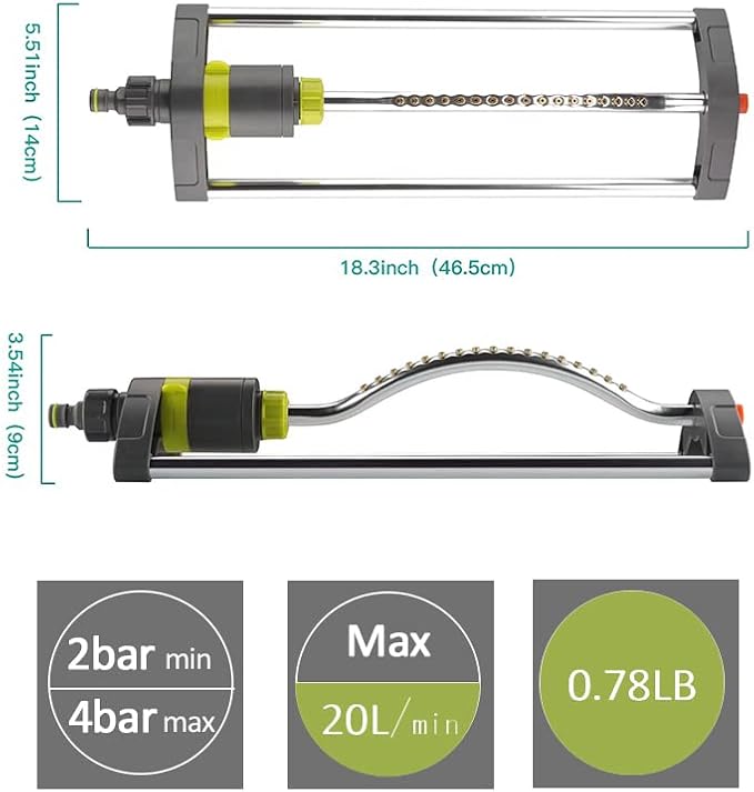 Lawn Sprinkler, GUDWING Metal Oscillating Sprinkler with Brass Nozzles, Water Sprinkler for Lawn Covers up to 3,600 Ft, Includes Spray Jet Cleaning Needle, Grey
