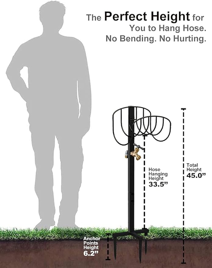 Freestanding Garden Hose Holder Stake with Brass Faucet, Heavy Duty Metal Water Pipe Storage Stand Rack for Outdoor