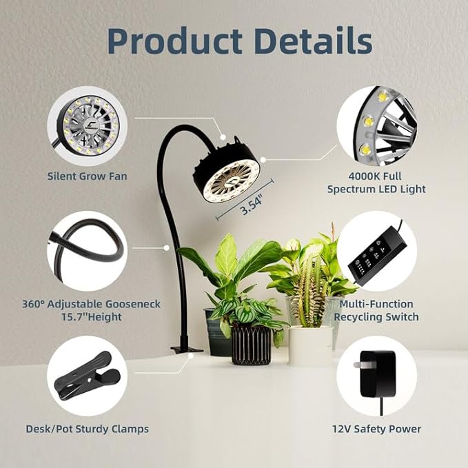 Grow Lights for Indoor Plants, Full Spectrum Plant Grow Light with Plant Fan,Clip on Plant Lights for Indoor Growing with Timer and Dimmable,Suit for Plant shves and Plant Pot,1 Pack