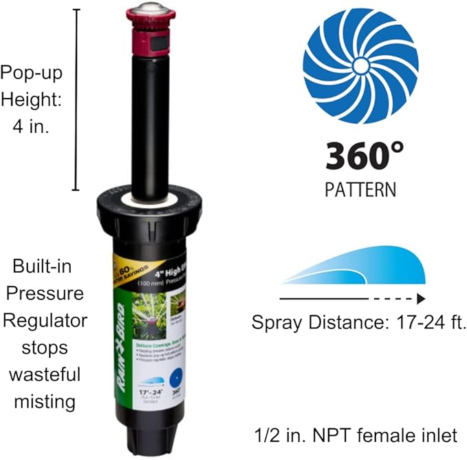 Rain Bird 22SAFPROPR Pressure Regulating (PRS) High-Efficiency Pro Rotary Sprinkler, 360° Full Pattern, 17' - 24' Spray Distance, 4" Pop-up Height