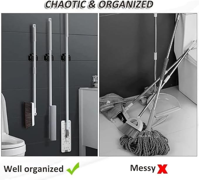AKOAK Broom and Mop Rack Holder, Wall Storage Organizer, Screw Mount, Garden Tool Organizer Stainless Steel Mop Rack, Home, Kitchen, Bathroom, Garden, Garage Storage (4 PCS, Black)