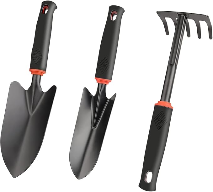 Durable Garden Hand Tools Set (3 Pieces), Non-Slip Soft Grip Design with Trowel, Transplanter & Hand Cultivator, Ideal for Digging, Replanting, Aerating Soil in Home Gardening Tasks