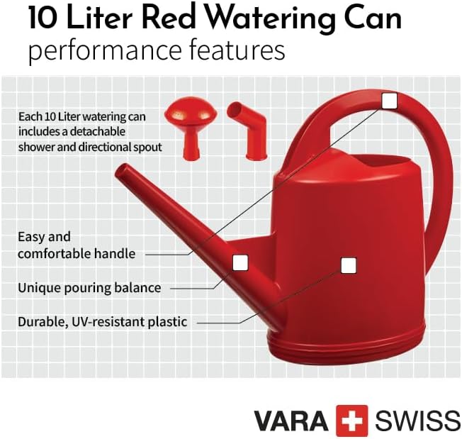 Consolidated Plastics Durable Swiss Watering Can with UV Protection, Ergonomic Handle for Indoor/Outdoor Gardening, Made in Switzerland (10 Liter, Red)