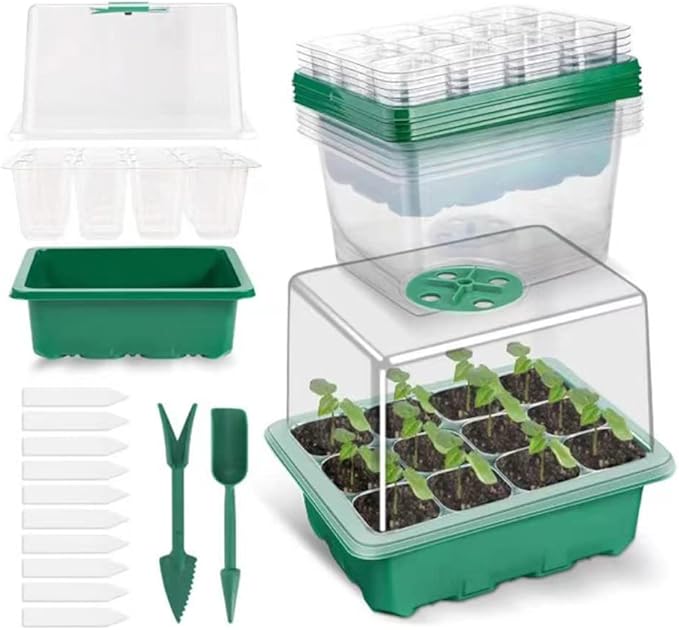 Seed Starter Tray Kit, 3-Pack Plant Growing Trays with Humidity Dome and Base, Labels and Hand Tool Kit for Seed Starting, Germination and Seedling Propagation (12 Cells per Tray)