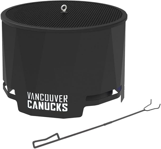Blue Sky Outdoor Living NHL Vancouver Canucks 24” Steel Peak Patio Smokeless Fire Pit with Spark Screen Kit, Firewood and/or Wood Pellet Burning