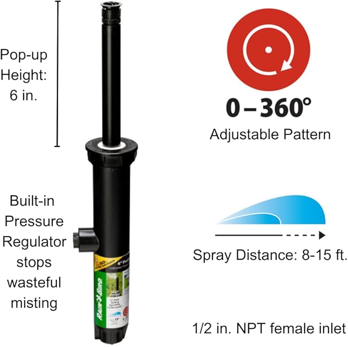 Rain Bird 1806APPRS Pressure Regulating (PRS) Professional Pop-Up Sprinkler, Adjustable 0° - 360° Pattern, 8' - 15' Spray Distance, 6" Pop-up Height