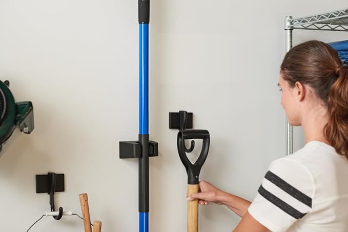 Duck EasyMounts Mop and Broom Holder - Heavy Duty Wall Mount Rack for Home Organization and Storage - No Tool Install - Holds Up to 15 lbs - Black, Pack of 1 Hook & All Hanging Hardware