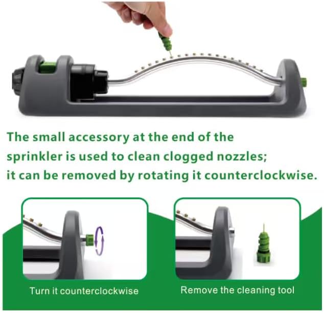 Lawn Sprinkler, 18-Hole Brass Nozzle Oscillating Sprinkler, Garden Tool for Lawns up to 3,600 Square Feet, Jet Cleaning Needle Hidden on The End of The Product, Gray