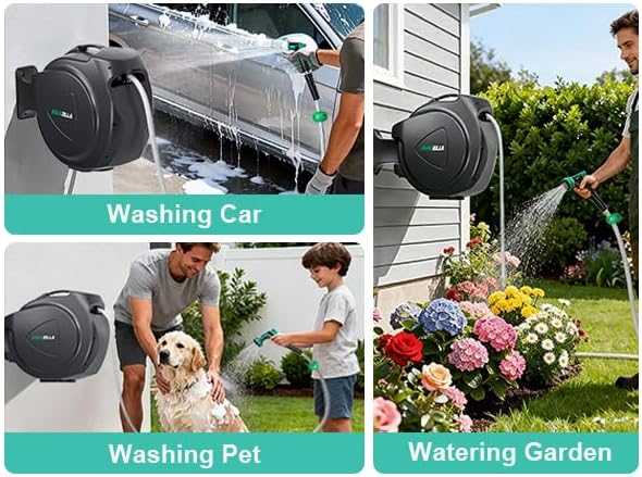 Retractable Garden Hose Reel, 100Ft x 1/2" Durable Wall Mounted Water Hose Reel with 180¡ãSwivel Bracket, 9 Pattern Sprayer, 6Ft leader hose,Smooth Automatic Rewind, Any Length Lock.